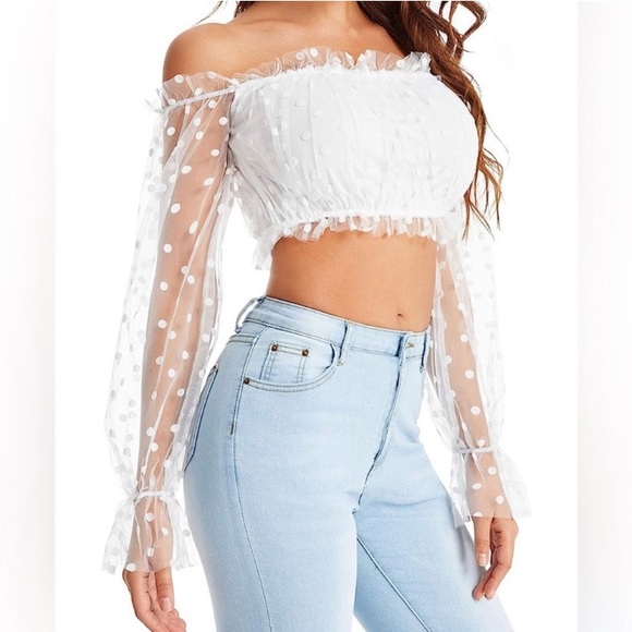 OFF SHOULDER White Felt Polka Dot Sheer Mesh Bell Sleeve Crop Top XS 0 2 - Picture 3 of 5